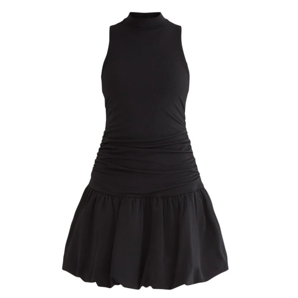 Women Black Mock‎ Neck Ruched Bubble Hem Mini Dress Sleeveless Drop Waist - Picture 3 of 5
